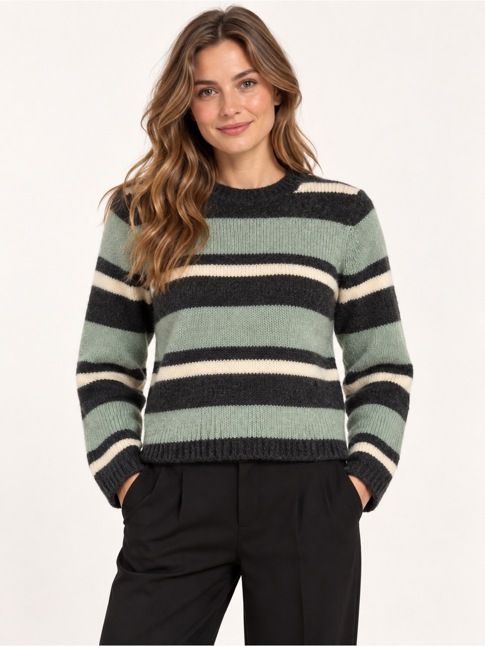 b.young BYOSA SHORT JUMPER Striped Knit Jumper in Green & Black Size Small NWT